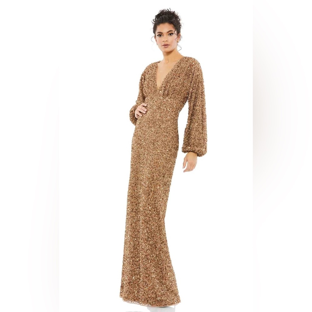 Mac Duggal‎ 10791 bronze size 2 sequined puff sleeve vneck gown